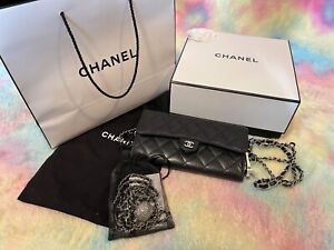 CHANEL Black Caviar Quilted Classic Long Flap Wallet With Box And Cert. Of Auth.