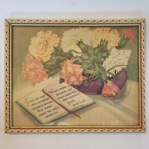 Vtg Mother Poem Cream Wood Frame Litho Print Pink Carnations Open Book USA - Picture 1 of 5
