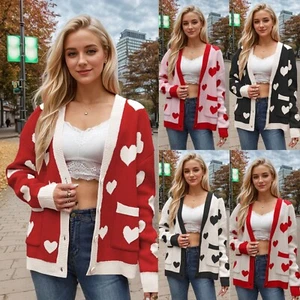 womens cardigan knitwear knitted jumper heart button long sleeve valentine's day - Picture 1 of 22