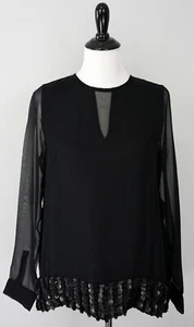 WORTH Black Sheer Long Sleeve Faux Leather 100% Silk Blouse Top Shirt Size 6 - Picture 1 of 6