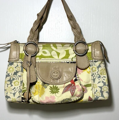 Cartera de mano floral mixta Fossil Key por asas de cuero trenzado 15 x 9 x 4 pulgadas Foto 1 de 4