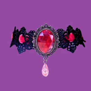 MAGENTA BLACK VELVET LACE CHOKER necklace bronze filigree Gothic lolita EGL 1C - Picture 1 of 4