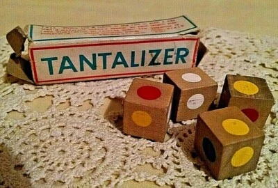 TANTALIZER GAME SHACKMAN NY MADE JAPAN #7415 ORG BOX 4 WOODEN DICE VINTAGE DIE. - Image 1 of 4
