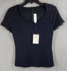 ST. JOHN EVENING Santana Knit Short Sleeve Top w Black Lace Size P - Picture 1 of 12