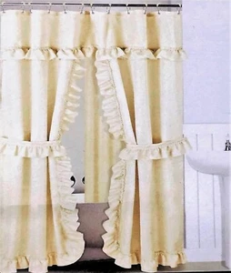 Beige Double Swag Fabric Shower Curtain Set, Vinyl Liner and 12 Rolling Rings - Picture 1 of 2