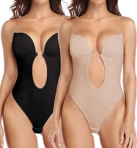 Women's Backless Bodysuit with U-Plunge Bra Slim Seamless Sexy Thong Body Shaper - Picture 1 of 15