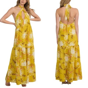 Mustard Yellow Boho Floral Backless Halter Tie Tiered Maxi Sundress Medium New - Picture 1 of 14