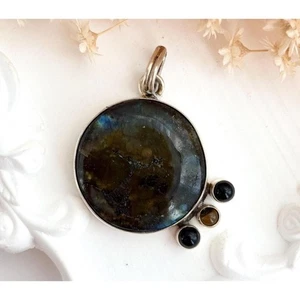 Labradorit runder Edelstein Zargenfassung Sterling Silber 925 Vintage Anhänger - Bild 1 von 10