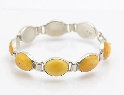 Vintage Polish Sterling Silver & Natural Egg Yolk Amber Cabochon Bracelet - Image 1 of 4