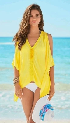 Lilly Pulitzer Julietta Cold Shoulder Caftan Top Womens XXS XS Yellow Tassel - Image 1 of 4