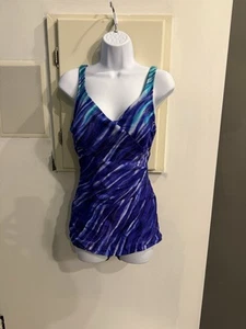 Roxanne Bra Blue Geometric 1-piece swimsuit (16 38B) , V-Fabric Front, Skirt - Picture 1 of 4