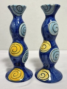 Pottery Barn Ceramic Taper Candle Stick Holders Blue Yellow Made In Portugal - Picture 1 of 10