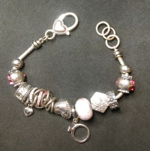 Silver Bracelet with Love Hearts Rings many Charms 8 inches - Picture 1 of 6