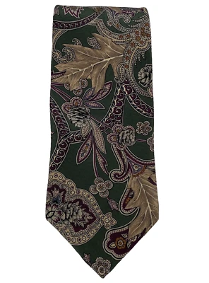 Henry Grethel Italian Silk Neck Tie Hunter Green Floral Leaves Wedding Classic - Image 1 of 4
