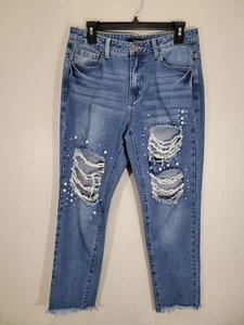 Forever 21 Blue Jeans Size L Large Light Wash Distressed Ankle Faux Pearl - Picture 1 of 10