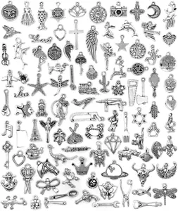 100 PCS Wholesale Bulk Lots Jewelry Making Charms Mixed Smooth Tibetan Silver Me - Picture 1 of 12