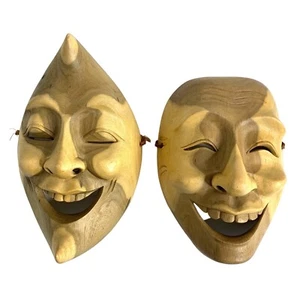 Set of two hand carved face masks laughing home decor 6122 wood GIFT - Picture 1 of 7