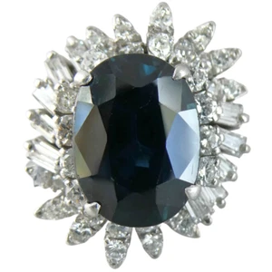ANILLO VINTAGE DE ORO BLANCO DE 14 quilates con racimo de diamantes y zafiro australiano de 5,45 quilates, talla O - Imagen 1 de 10