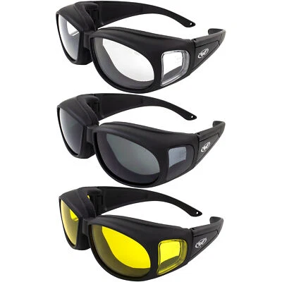 GLOBAL VISION 3 Padded FIT OVER GLASSES Motorcycle SUNGLASSES CLEAR SMOKE YELLOW OUTFITTER