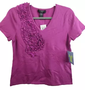 Cable & Gauge Womens Top Petite Medium Purple Ruffle V-Neck Short Sleeve Tee NEW - Picture 1 of 7