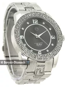 Mens Silver tone Greek Key Clubbing Watch Black Dial CZ-Bezel/Links 8" Bracelet - Picture 1 of 13