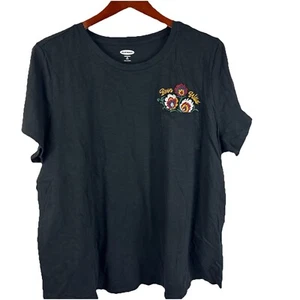 Old Navy Women’s Black T-Shirt 2XL Embroidered Born Wild Floral Pocket Tee - Picture 1 of 7