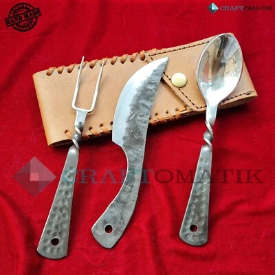 BBQ Besteckset | Campingbesteck | Handgeschmiedet | Mittelalterlich | mit Tasche - Bild 1 von 4