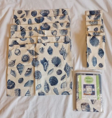 Waverly On Island Marina azul crema conchas marinas 7 juegos de servilletas y manteles individuales Foto 1 de 4