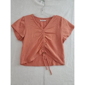 Oneill Womens Shirt Medium Orange Crinkle Knit Tie Gathered Short Sleeve Causal - Picture 1 of 7