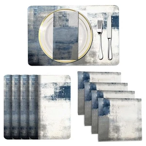 4 Each Blue Placemats and Cloth Napkins Set of 8, Modern Abstract Art Painted... - Picture 1 of 7