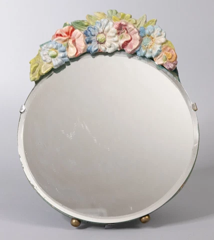 Antique 1920s English Barbola Floral Dressing Table Vanity Mirror Easel Back Cover