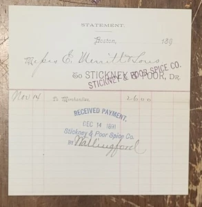 1891 Billhead Boston Massachusetts Stickney Poor Spice Company - Picture 1 of 1