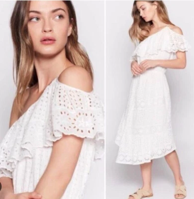 Vestido JOIE Corynn Ojales Encaje Midi Blanco Talla Grande Un Hombro Volantes Nuevo con Etiquetas Foto 1 de 4