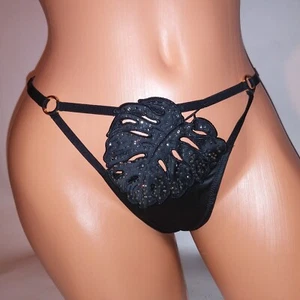Victoria Secret Panty Tanga Pequeño Negro Bordado Hoja Estrás Bling Nuevo - Imagen 1 de 7