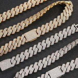 20mm Hip Hop Zircon Rhomboid Cuban Chain Necklace Bracelets Gold Plated - Picture 1 of 17