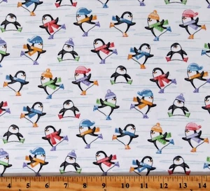 Flannel Penguins Ice Skating Animals Holiday Fabric Print by the Yard D275.36 - Picture 1 of 1