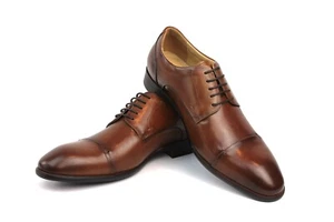 Mens Exclusive Genuine Leather Cognac Brown Lace Up Cap Toe Oxfords Dress Shoes - Picture 1 of 7