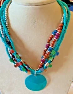 MULTI STRAND BEAD NECKLACE WITH TURQUOISE BLUE SHELL PENDANT - Picture 1 of 9
