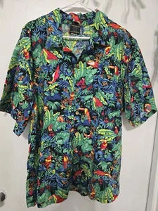 Camicia Tucan Dance vintage a tema hawaiano con bottoni e giungla - Foto 1 di 3