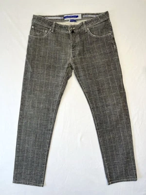 Pantalones de mezclilla de lujo Jacob Cohen gris y tostado a cuadros con parche de piel y 5 bolsillos talla 35 Foto 1 de 4