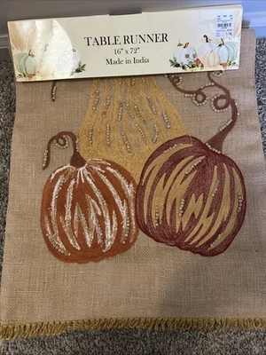 Fall Harvest  Beaded Jute Table Runner Thanksgiving 16x72" NWT Made In India. - Image 1 of 4