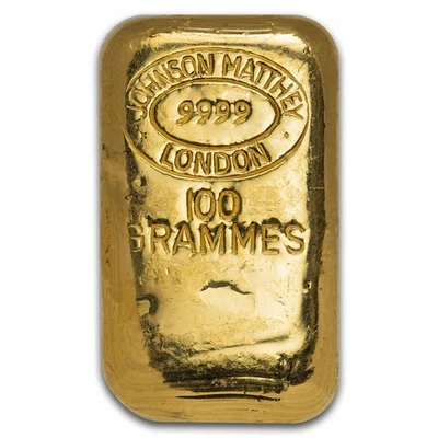 Barra de oro de 100 gramos - Johnson Matthey-Londres (gramos, vertido) Foto 1 de 2