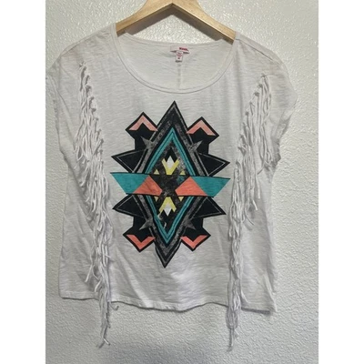 Camiseta Bongo Blanca Gráfica Manga Flecos Boho Festival Para Mujer M Foto 1 de 4