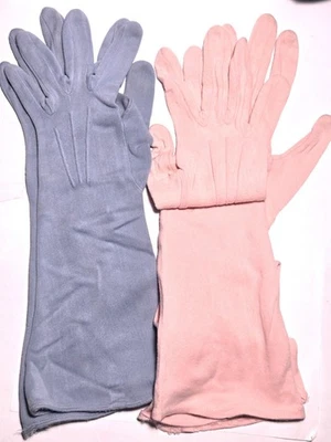 2 pair Vintg 50s 60s Gloves Nylon Mesh Van Raalte Amersuede 12" blue / 15" Pink - Image 1 of 4