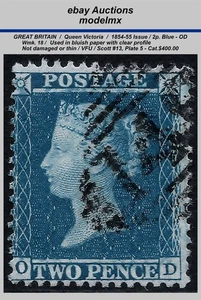 Großbritannien - QV 1854, Sc.13 - SG23a, 2p. Blau, (OD), Teller 5, VFU., Kat. 400,00 € - Bild 1 von 2