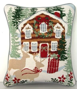 Christmas-Snowy Cabin In Woods w/ Deer, Flowers, Sled, Small Tapestry Pillow New - Picture 1 of 7