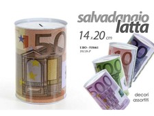 SALVADANAIO LATTA CON STAMPA SOLDI DENARO EURO GRANDE PZ.1 ASSORTITO