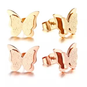 2 Pairs/Set Cute Butterfly Studs Women's Gold/Rose Gold Stainless Steel Earrings - Picture 1 of 12