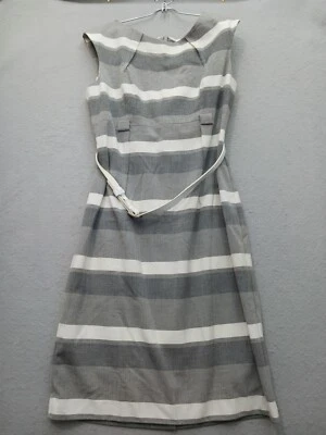 Vestido Vaina Calvin Klein 10 Gris Blanco Rayas Sin Mangas Cinturón Bolsillos Rodilla Foto 1 de 4