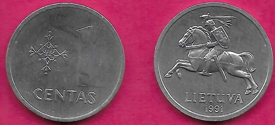LITHUANIA 1 CENTAS 1991 UNC 1 YEAR TYPE,KNIGHT,LARGE VALUE TO RIGHT OF DESIGN,NA - Image 1 of 1